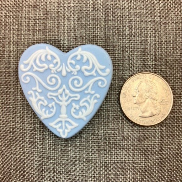 Wedgwood Jewelry - Wedgwood Heart Brooch Pin Light Blue Jasperware 2 In Intricate White Scrollwork